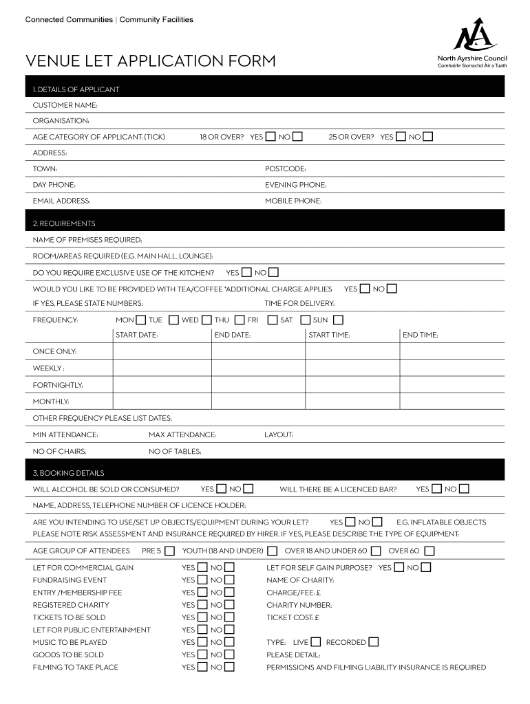 Fillable Online VENUE LET APPLICATION FORM North Ayrshire Fax Email Print pdfFiller