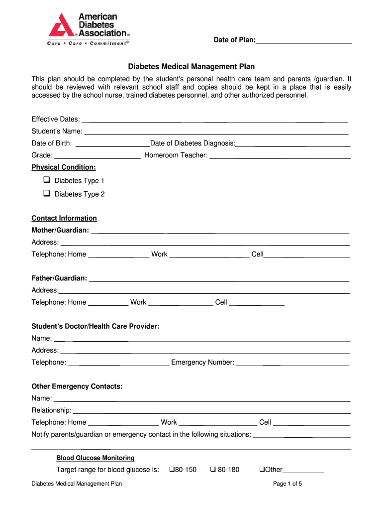 Fillable Online Diabetes Medical Management Plan Heritage High School