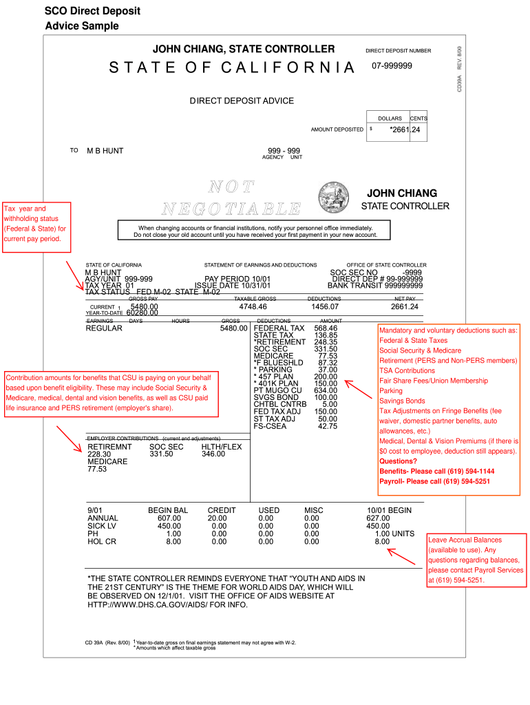 SCO Direct Deposit Advice Sample JOHN CHIANG, STATE CONTROLLER DIRECT