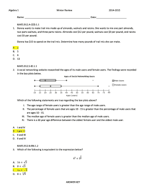 Fillable Online Algebra 1 Winter Review - Answer Key Fax Email Print