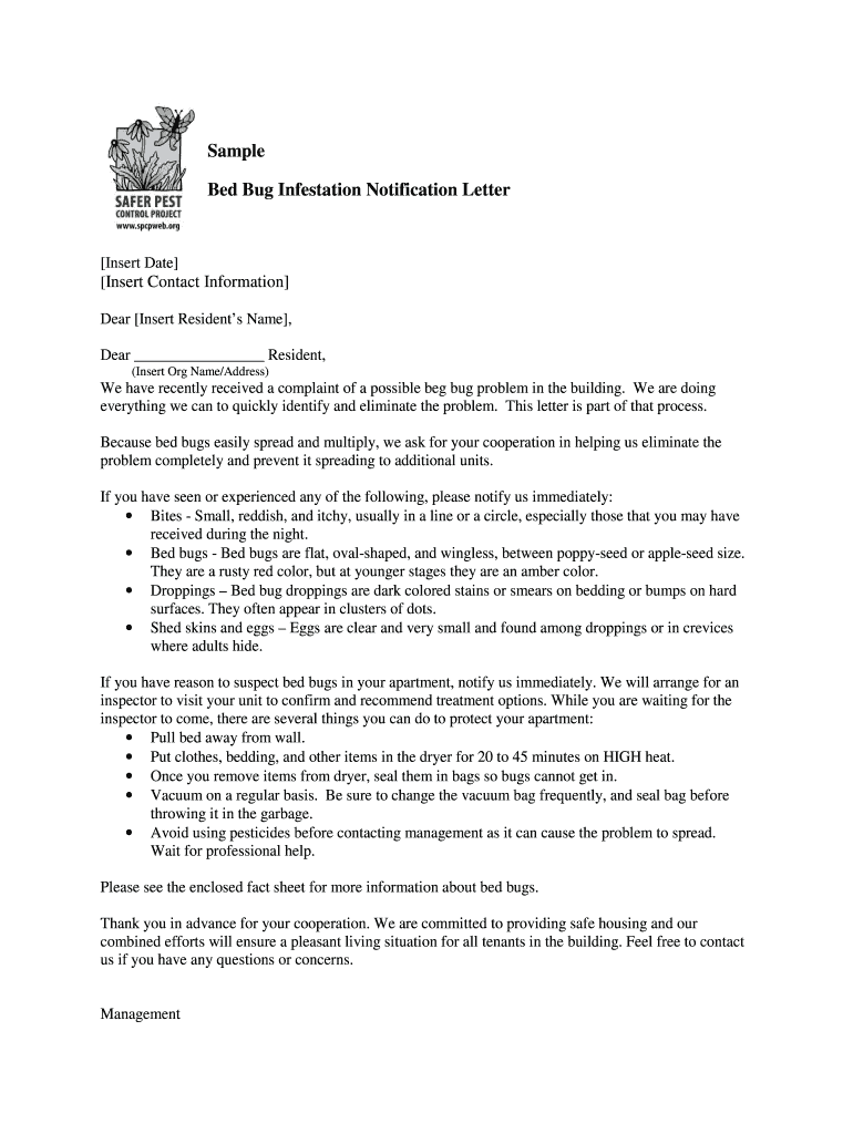 Fillable Online Bed Bug Infestation Notification Letter Fax Email Print