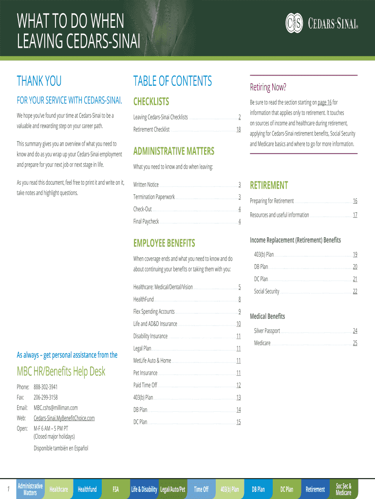Fillable Online What to do when leaving CedarsSinai Benefits Portal