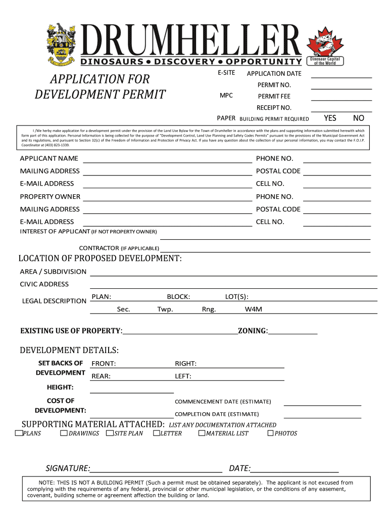 Fillable Online APPLICATION FOR DEVELOPMENT PERMIT Town of Drumheller