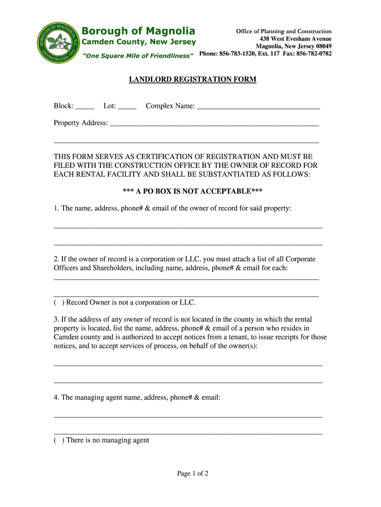 Fillable Online magnolianj Landlord Reg. Form.doc magnolianj Fax Email Print pdfFiller