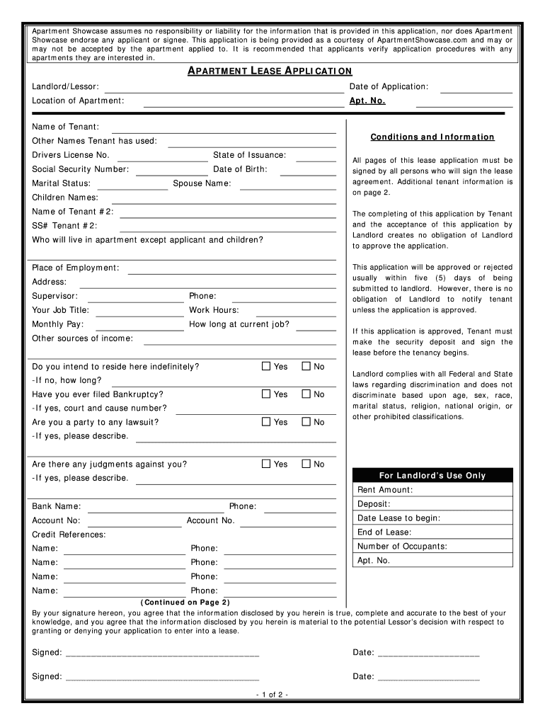 Fillable Online APARTMENT LEASE APPLICATION Apartment Showcase Fax