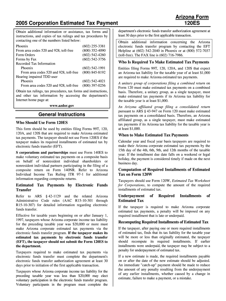 Fillable Online Arizona Form 2005 Corporation Estimated Tax Payment