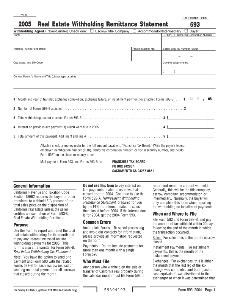 Fillable Online 2005 Real Estate Withholding Remittance Statement