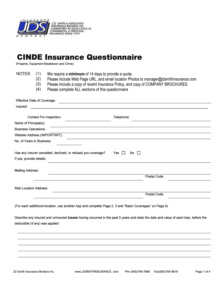 Fillable Online CINDE Insurance Questionnaire J.D. Smith Insurance