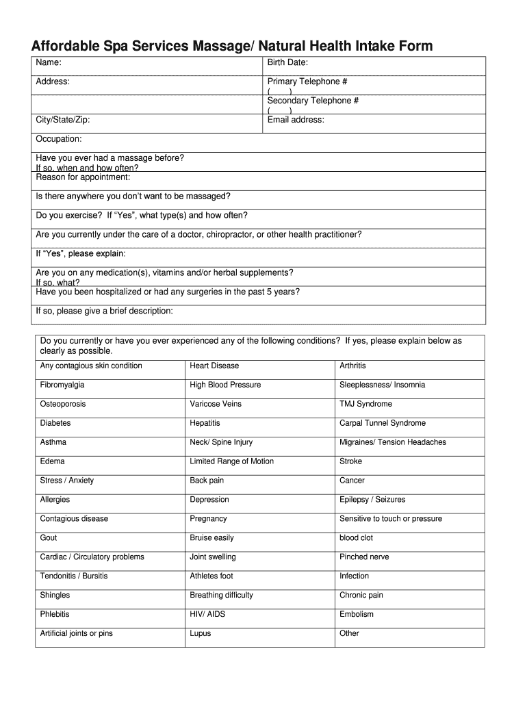 Fillable Online Affordable Spa Services Massage Natural Health Intake