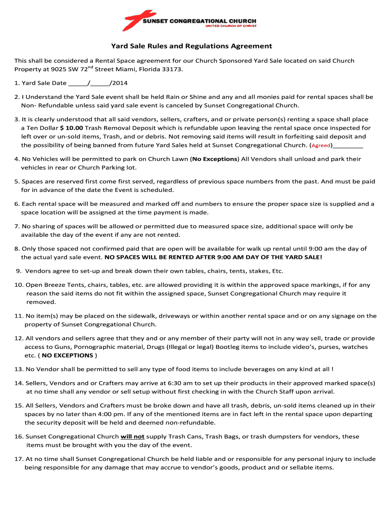 Fillable Online sunsetcongregational Yard Sale Rules and Regulations