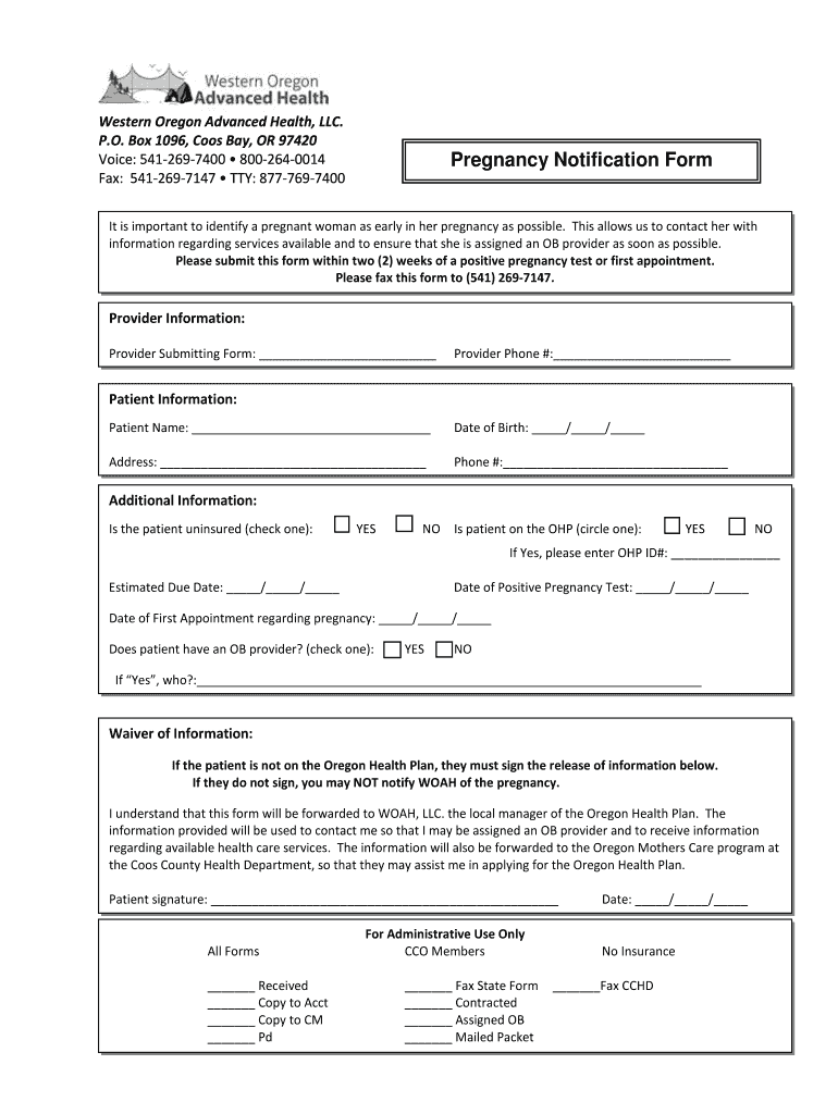 Fillable Online WOAH bPregnancyb Notification Western Oregon Advanced