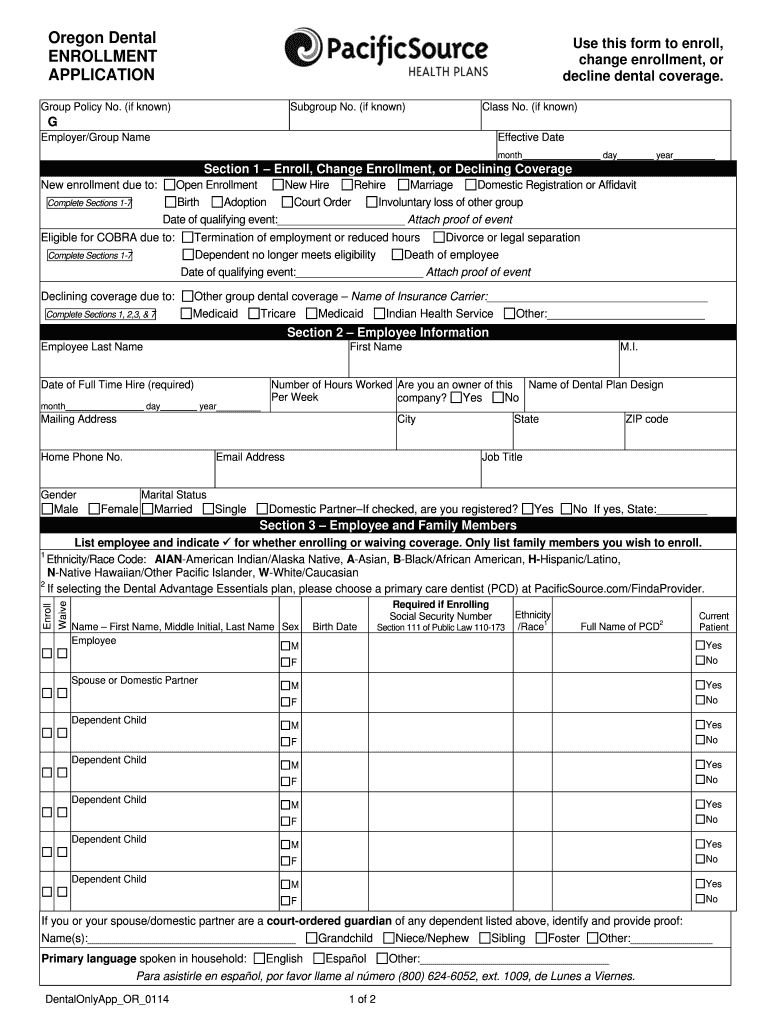 Fillable Online Oregon Dental Use this form to enroll ENROLLMENT change