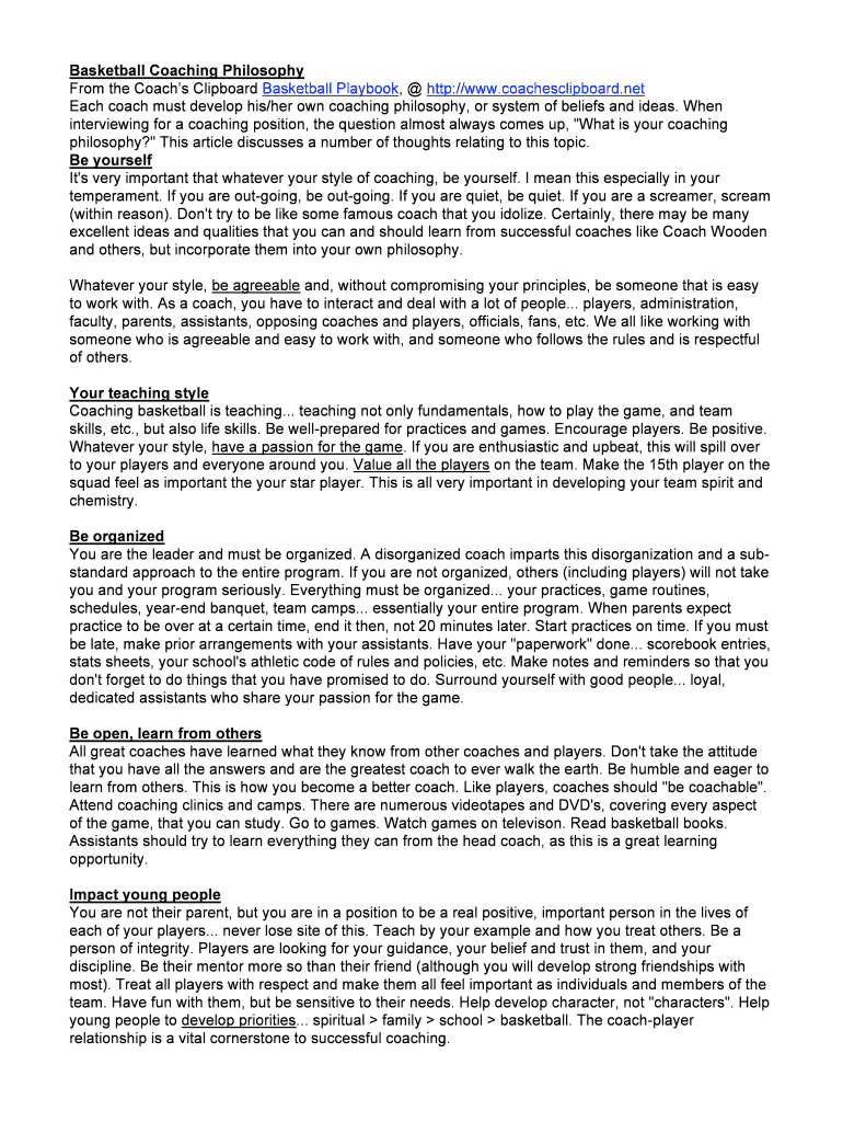 Fillable Online Basketball Coaching Philosophy Fax Email Print pdfFiller