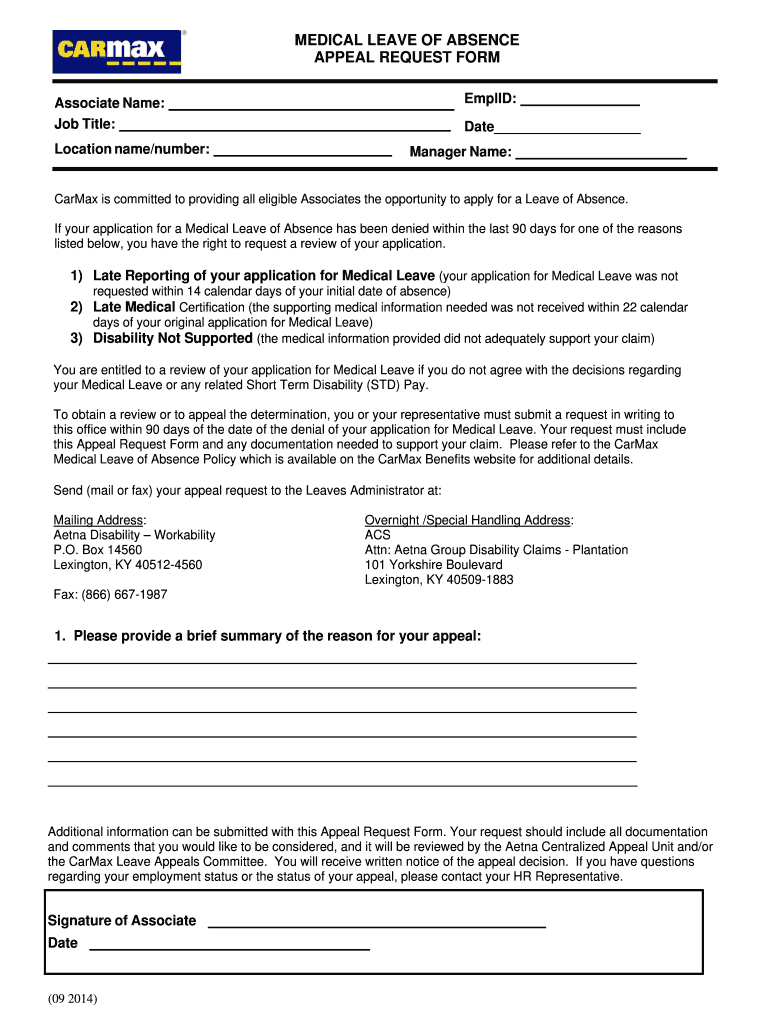 Fillable Online 201409LOA Appeal Request Form FINAL CarMax Fax Email