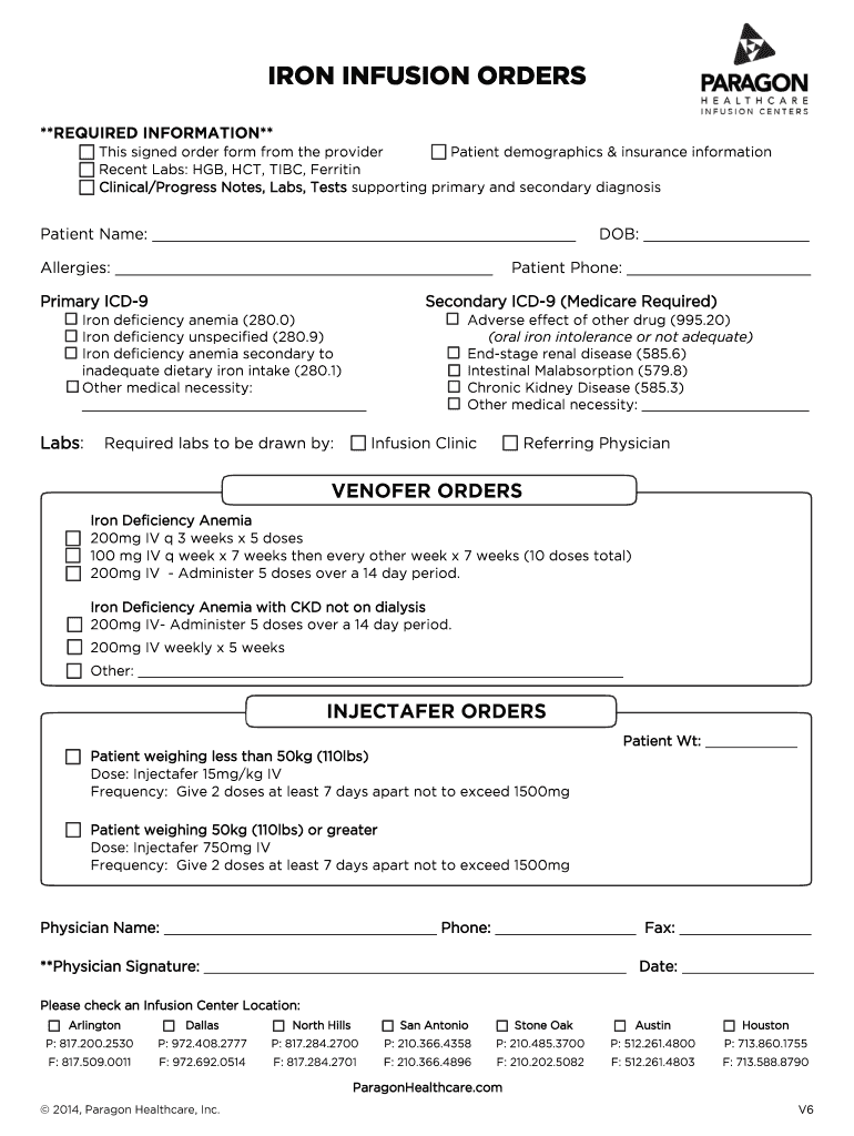 Fillable Online IRON INFUSION ORDERS Paragon Healthcare Fax Email