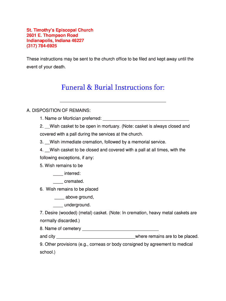 Fillable Online sttimothy indydio Funeral and Burial Instructions