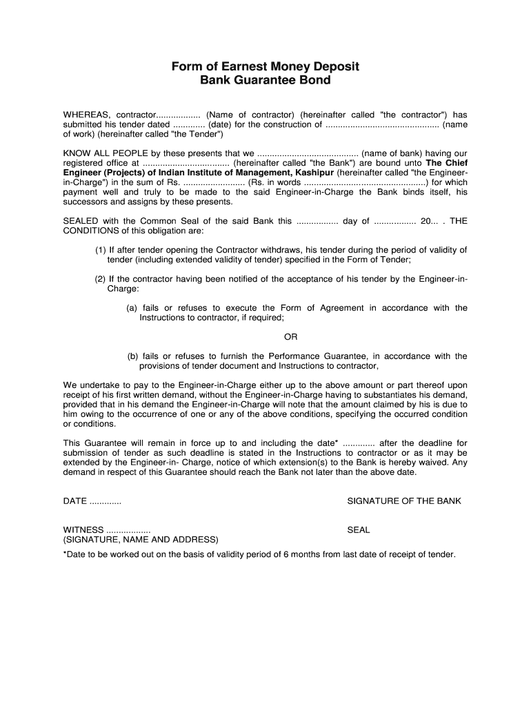 Fillable Online Form of Earnest Money Deposit Bank Guarantee Bond Fax