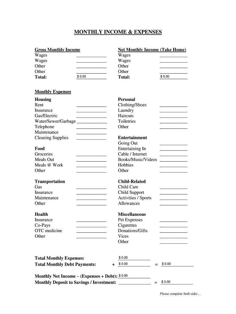 Fillable Online arbordevelopment MONTHLY EXPENSES Arbor