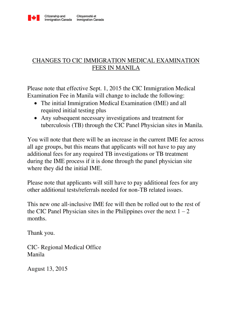 Fillable Online CHANGES TO CIC IMMIGRATION MEDICAL EXAMINATION Fax