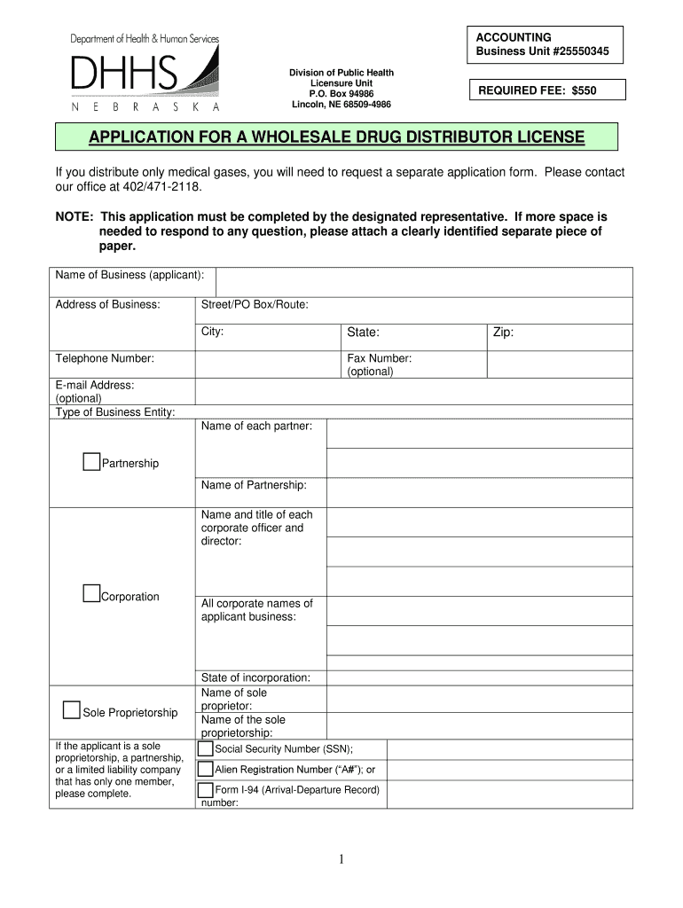 Fillable Online dhhs ne APPLICATION FOR A WHOLESALE DRUG DISTRIBUTOR