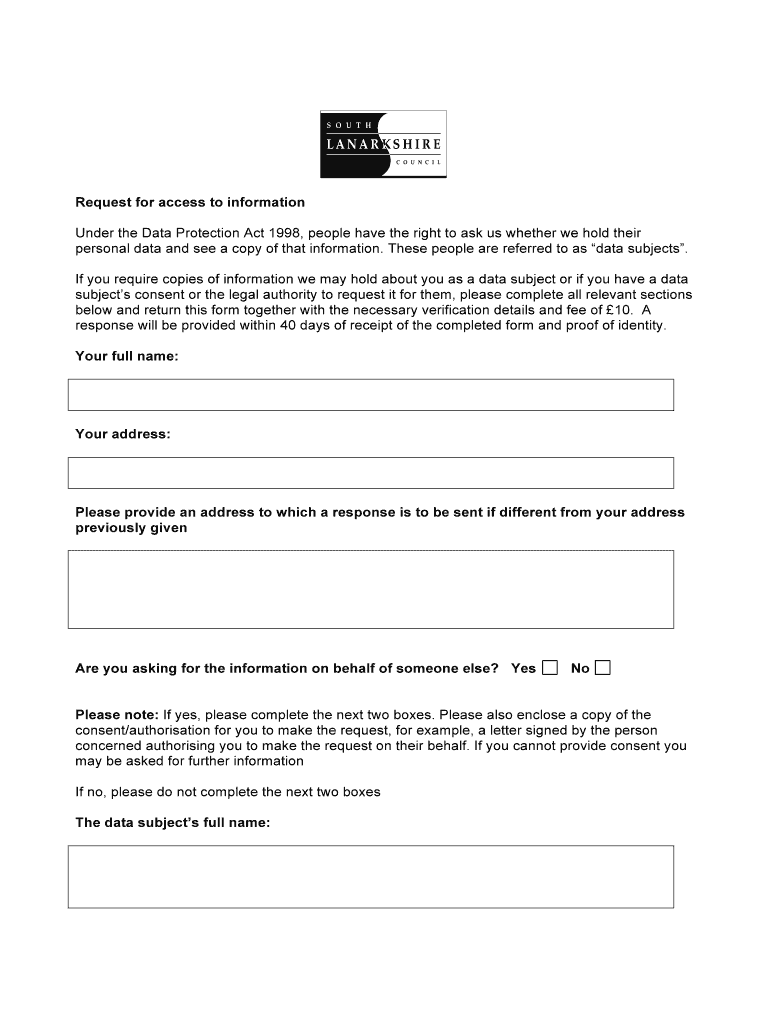 Fillable Online Data bSubject Access request formb 2014 South Lanarkshire Council Fax Email