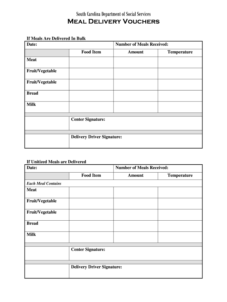 Fillable Online scchildcare Sample of Meal Delivery Vouchers SC Child