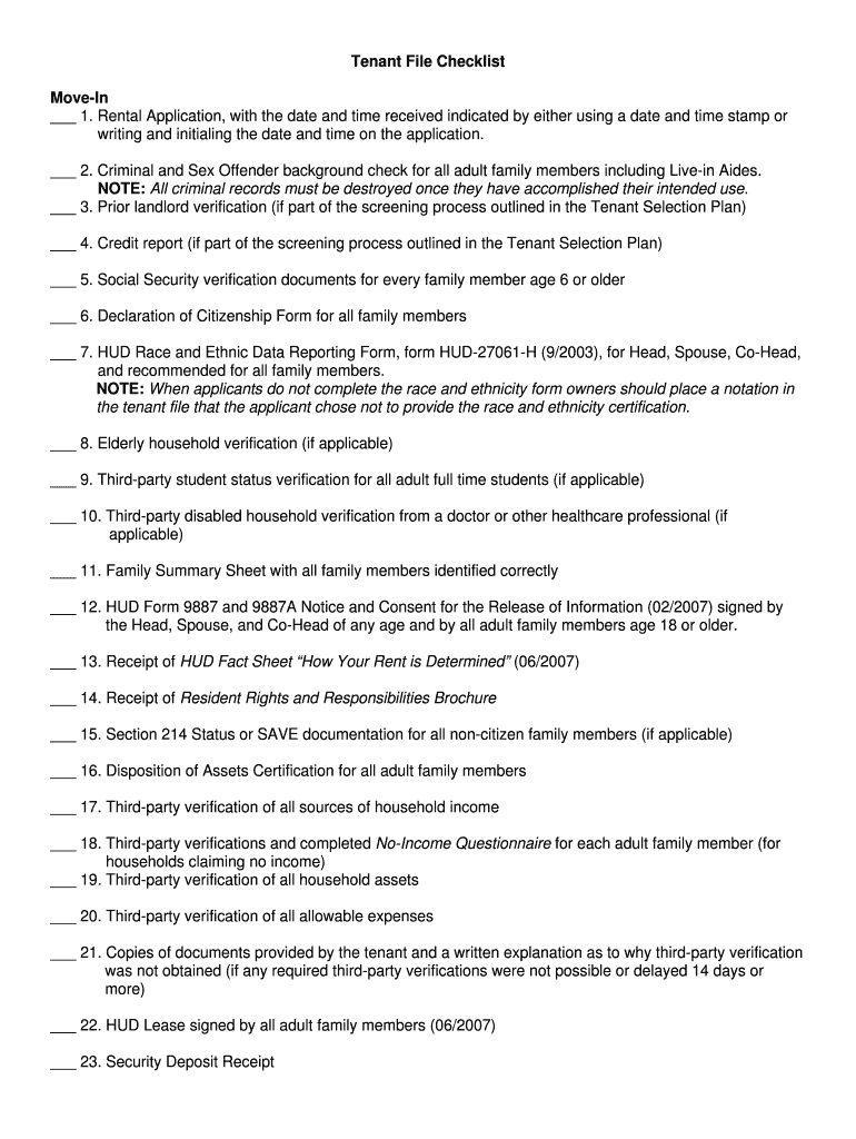 Fillable Online Tenant File Checklist Fax Email Print pdfFiller