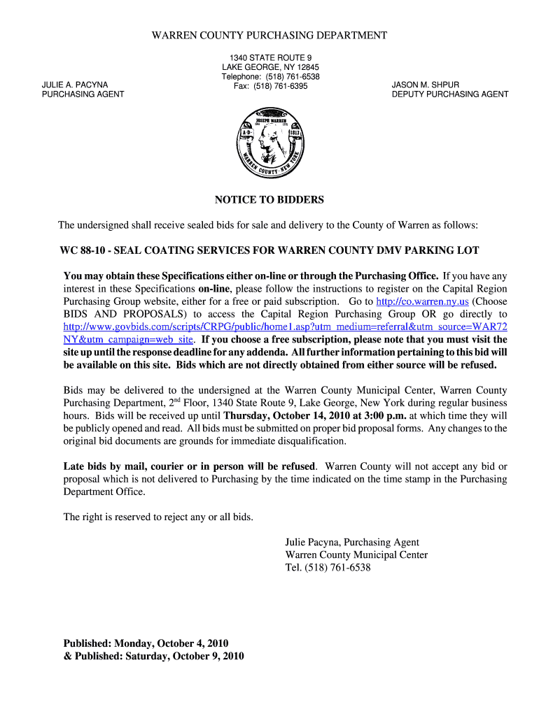 Fillable Online WC 8810 SEAL COATING SERVICES FOR WARREN COUNTY DMV