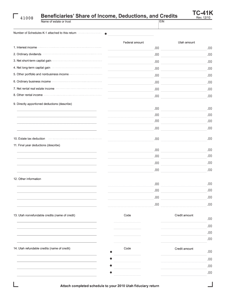 Fillable Online tax utah 2010 TC41K, Beneficiaries Share of