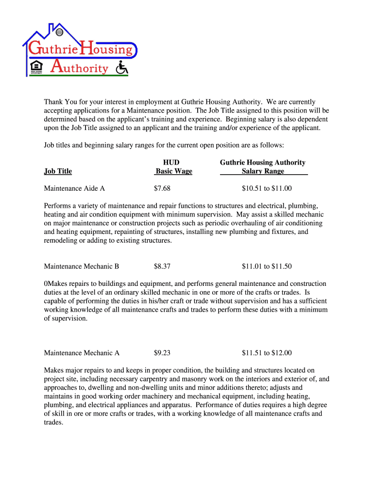 Fillable Online guthriehousing Thank You for your interest in employment at Guthrie Housing