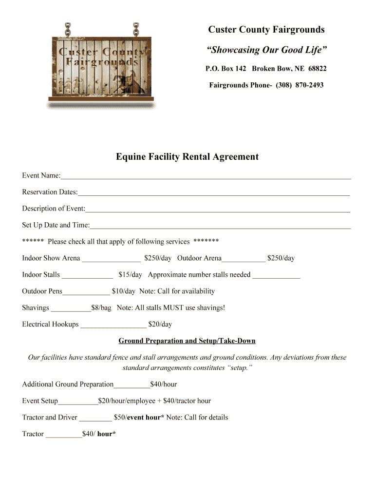 Fillable Online custercountyfair Equine Facility Rental Agreement