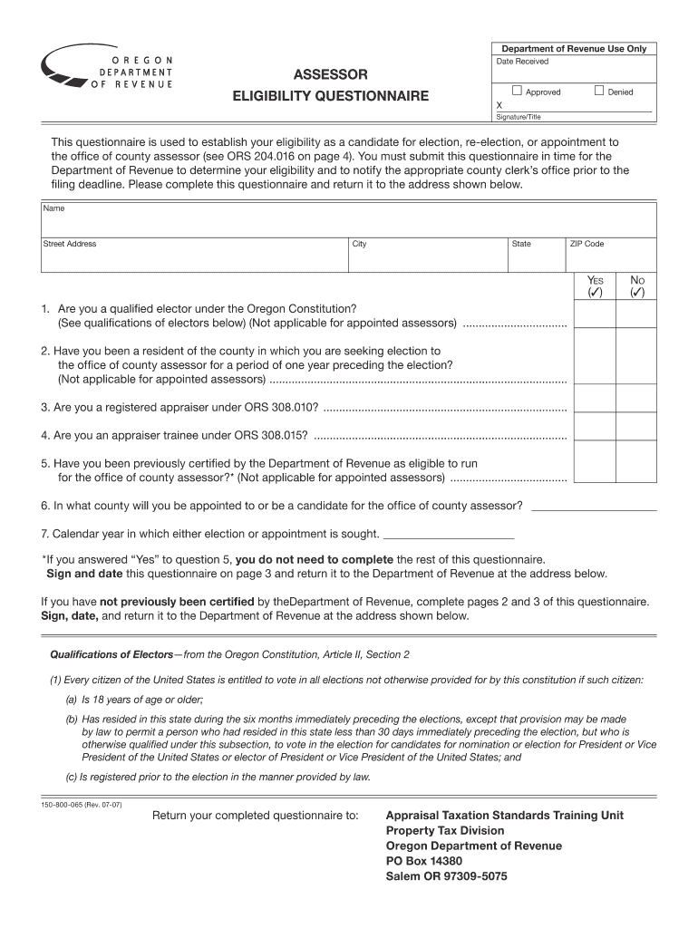 Fillable Online co yamhill or Assessor Eligibility Questionnaire 150800065 Fax Email Print