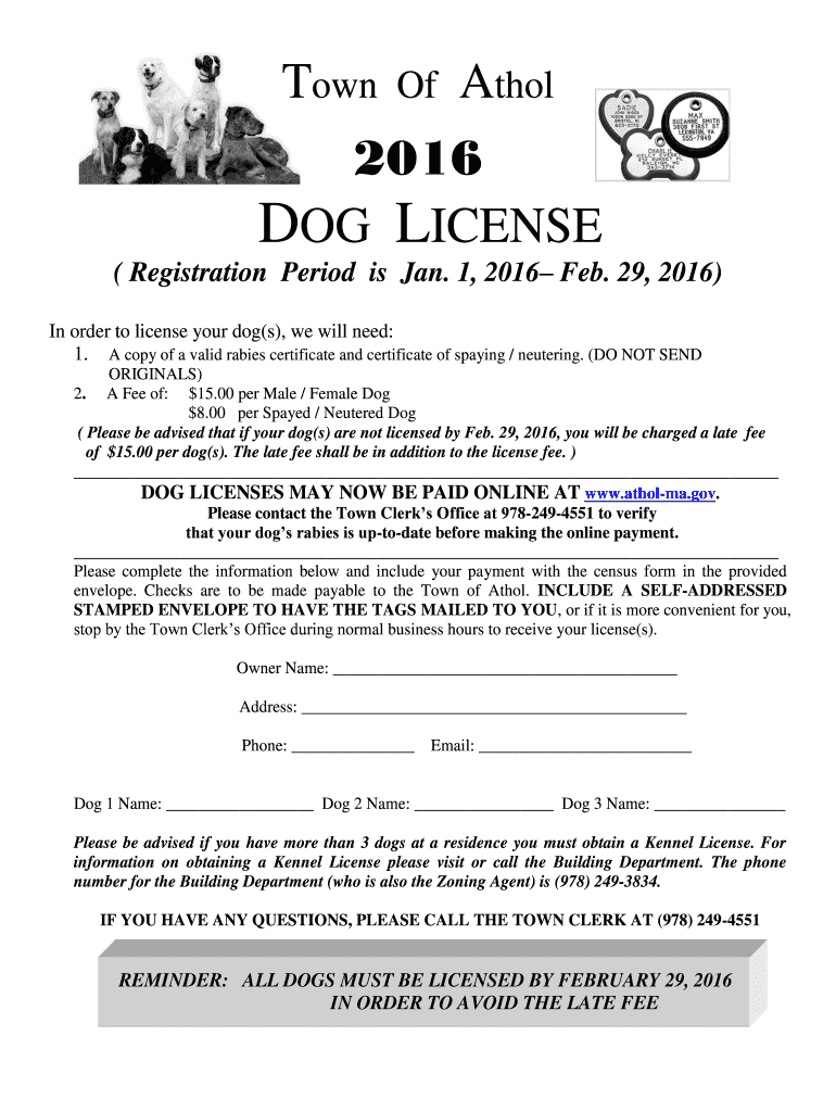 Fillable Online 2016 DOG LICENSE Athol Fax Email Print pdfFiller