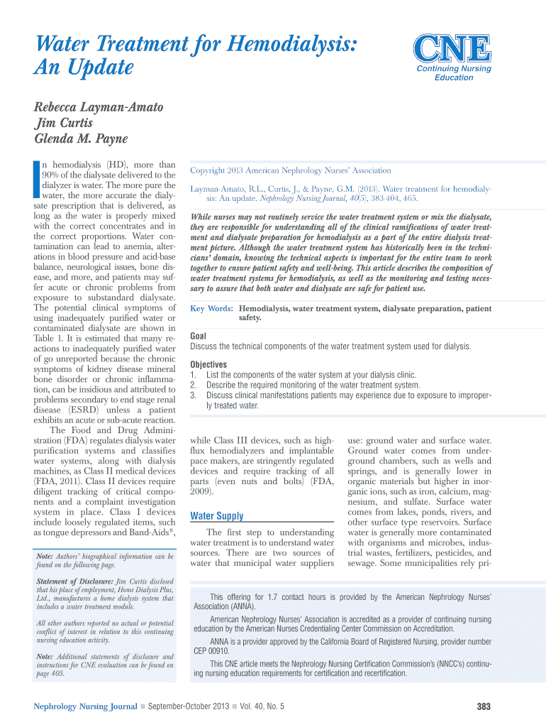 Fillable Online Water Treatment for Hemodialysis An Update Continuing