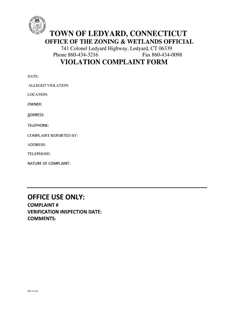 Fillable Online town ledyard ct Zoning Complaint Form Rev 21513