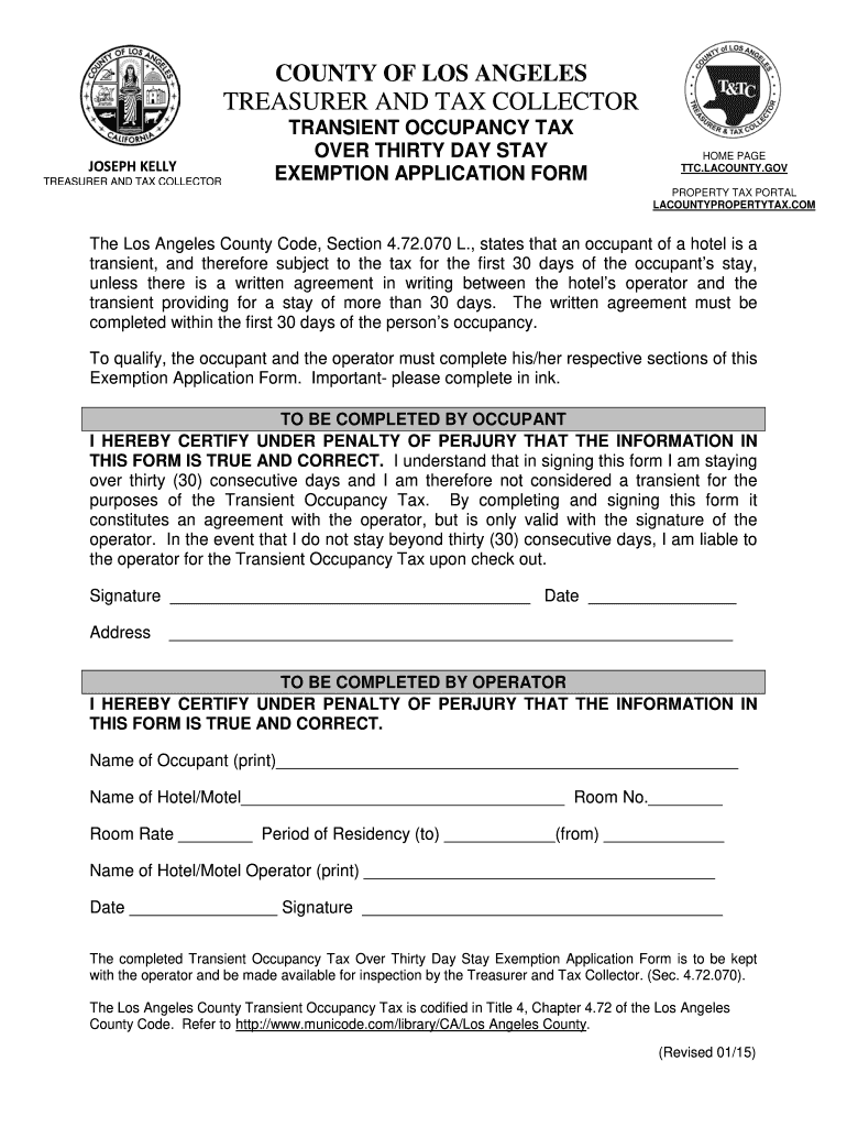 CA Transient Occupancy Tax Over Thirty Day Stay Exemption Application Form Los Angeles 2015