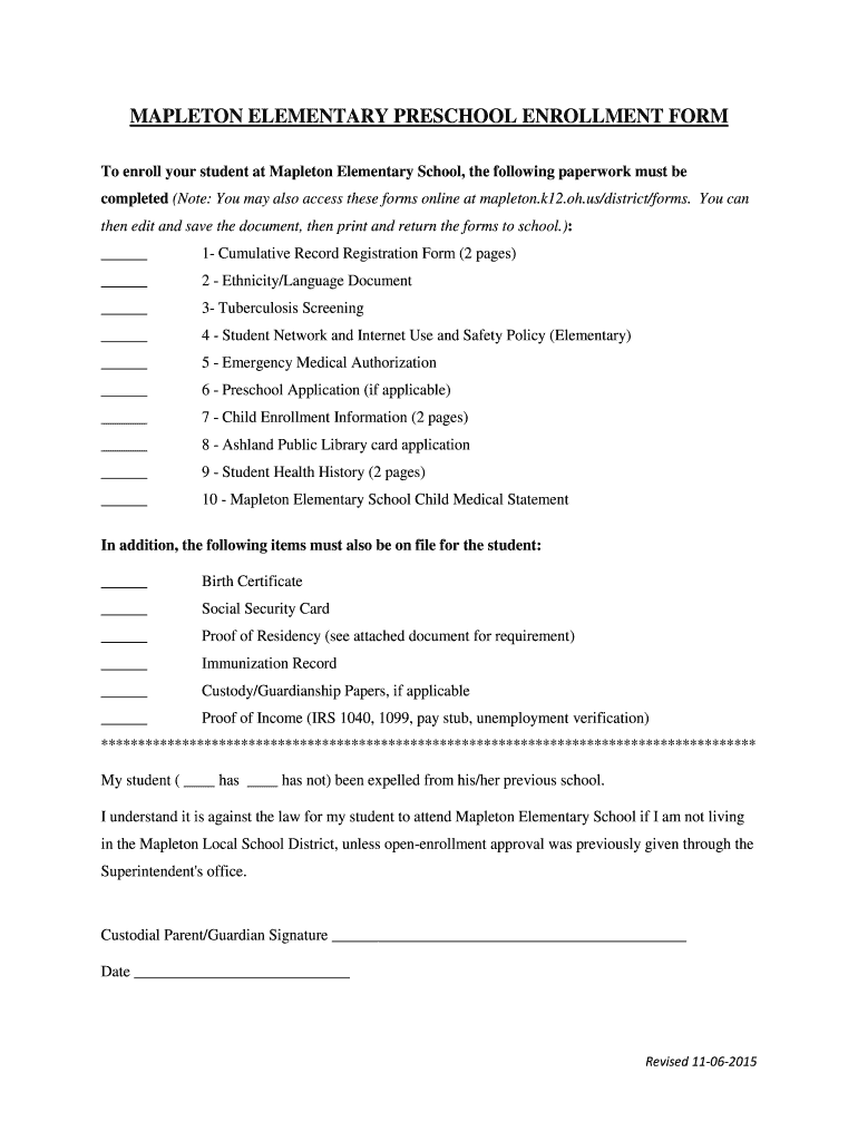 Fillable Online mapleton k12 oh MAPLETON ELEMENTARY PRESCHOOL
