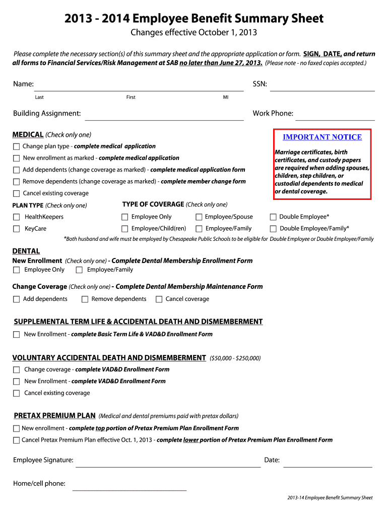 Fillable Online 2013 2014 Employee Benefit Summary Sheet Fax Email