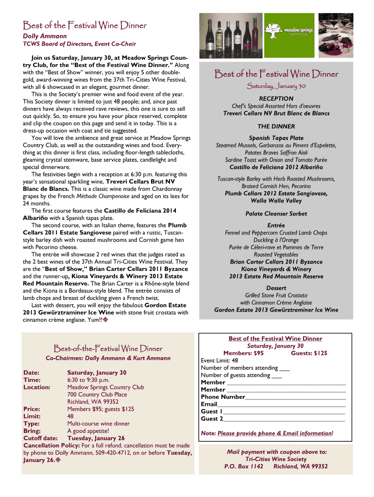 Fillable Online Best of the Festival Wine Dinner TriCities Wine Society Fax Email Print