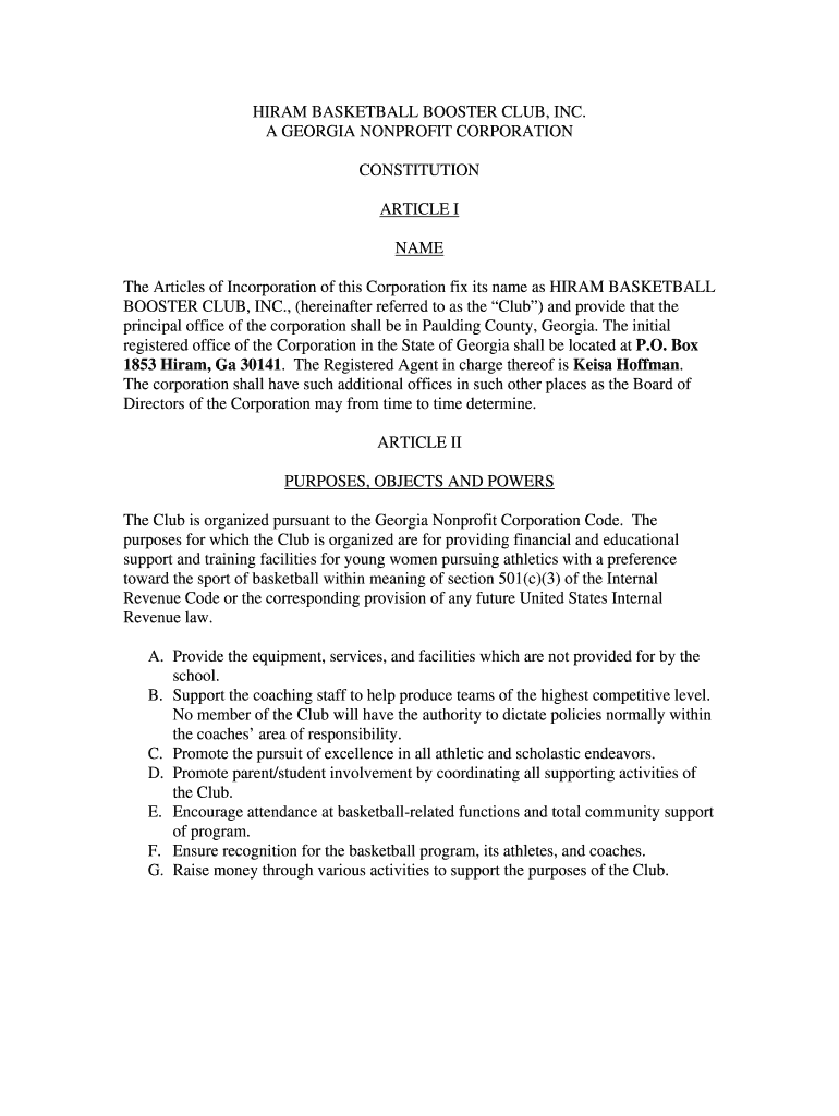 Fillable Online A NONPROFIT CORPORATION CONSTITUTION ARTICLE I