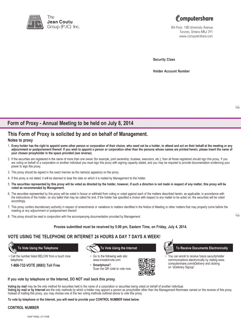 Fillable Online Form of Proxy Jean Coutu Fax Email Print pdfFiller
