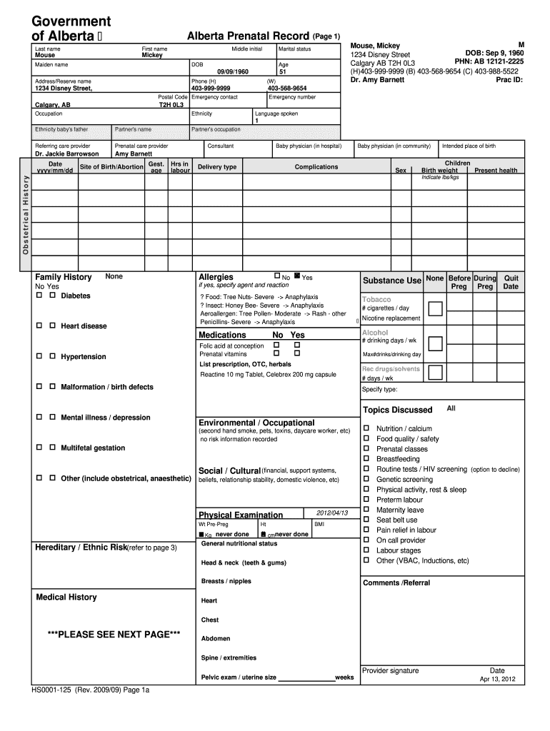 Alberta Prenatal Record Form Fill and Sign Printable Template Online