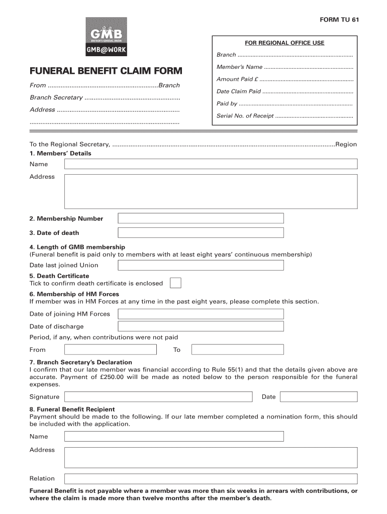 Fillable Online gmbcardiff1branch org FUNERAL BENEFIT CLAIM FORM
