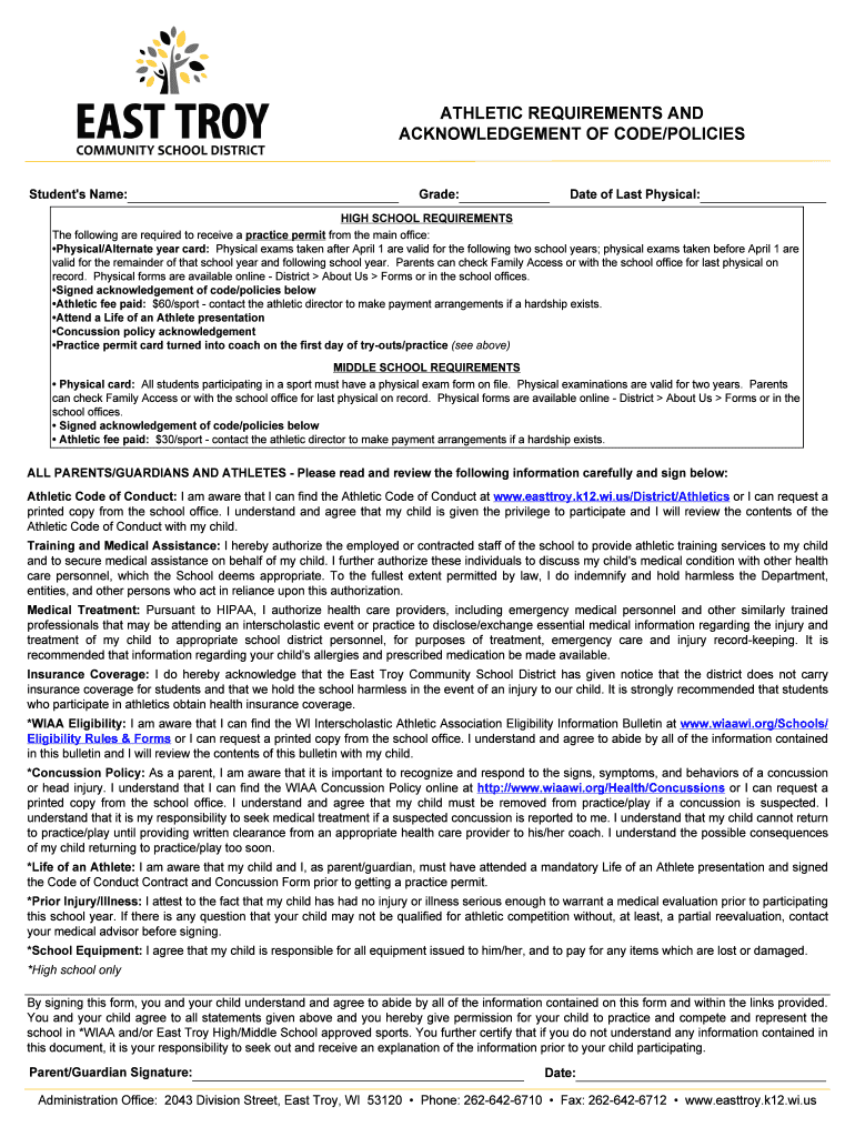 Fillable Online media easttroy k12 wi ATHLETIC REQUIREMENTS AND