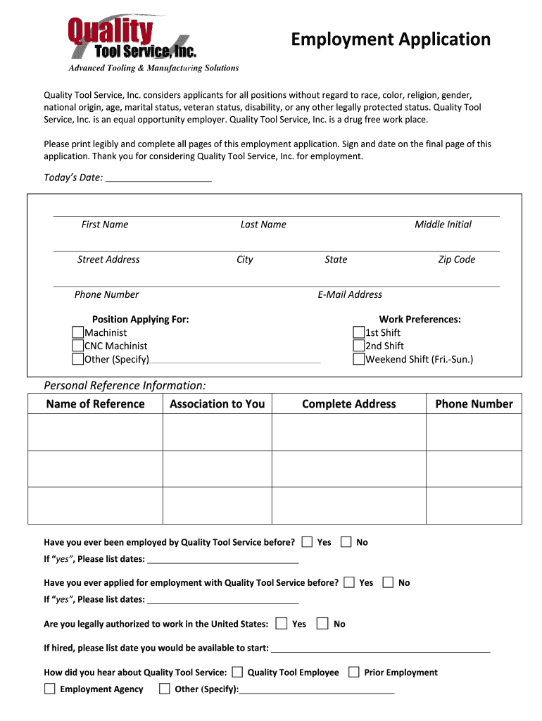 Fillable Online Employment Application Quality Tool Service Inc Fax