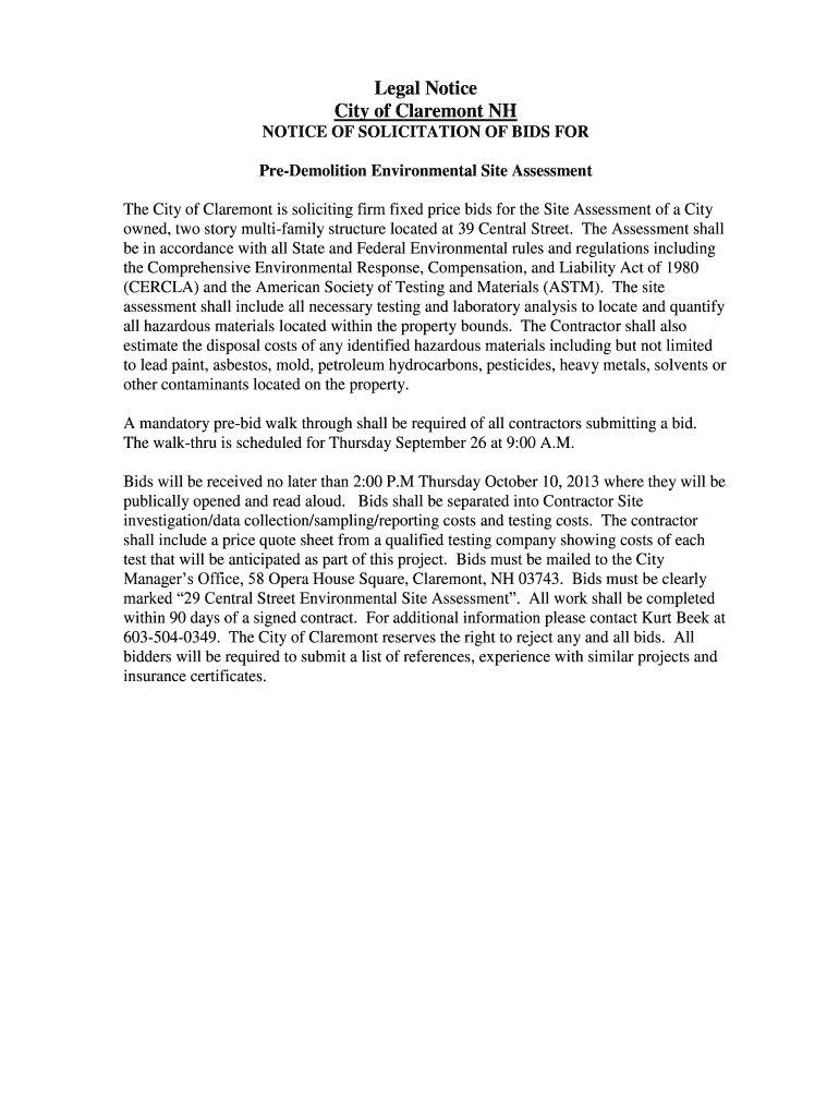 Fillable Online Legal Notice City of Claremont NH NOTICE OF SOLICITATION OF Fax Email Print