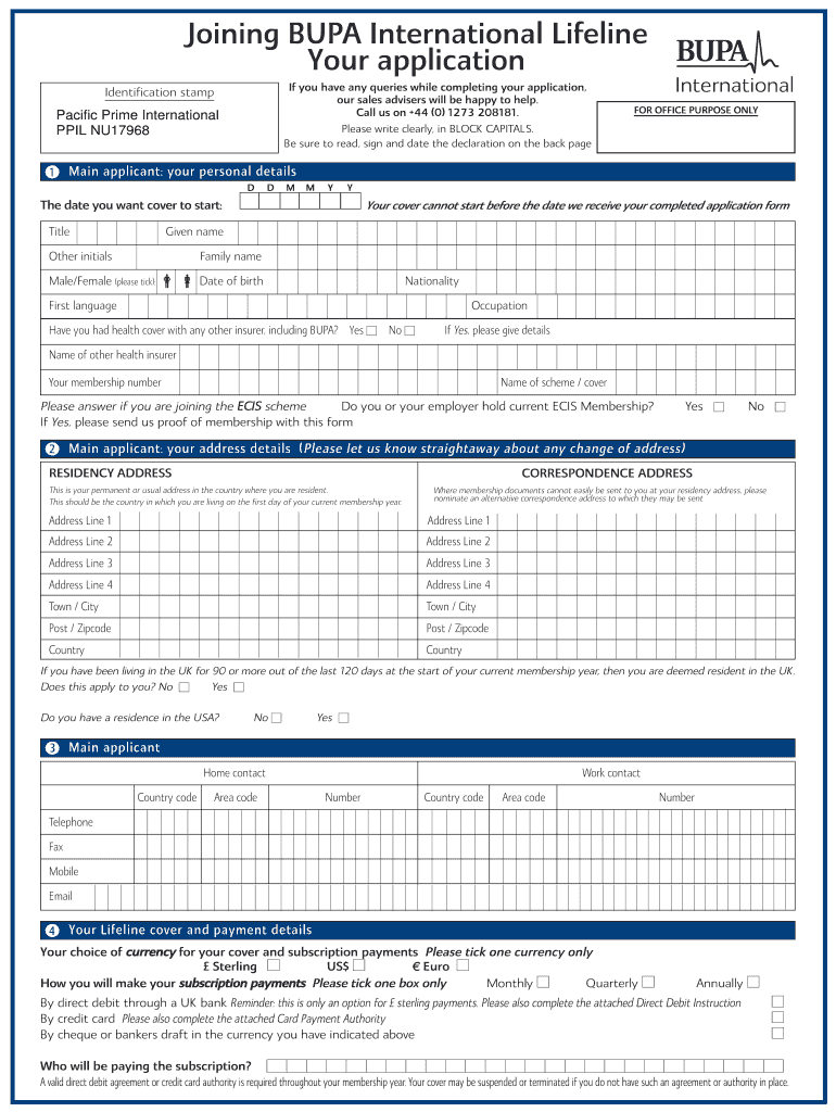 Fillable Online Joining BUPA International Lifeline Your application