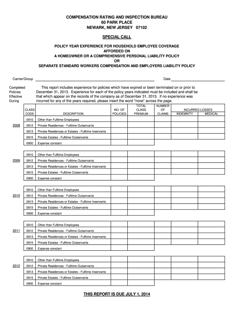 Fillable Online COMPENSATION RATING AND INSPECTION BUREAU 60 PARK PLACE