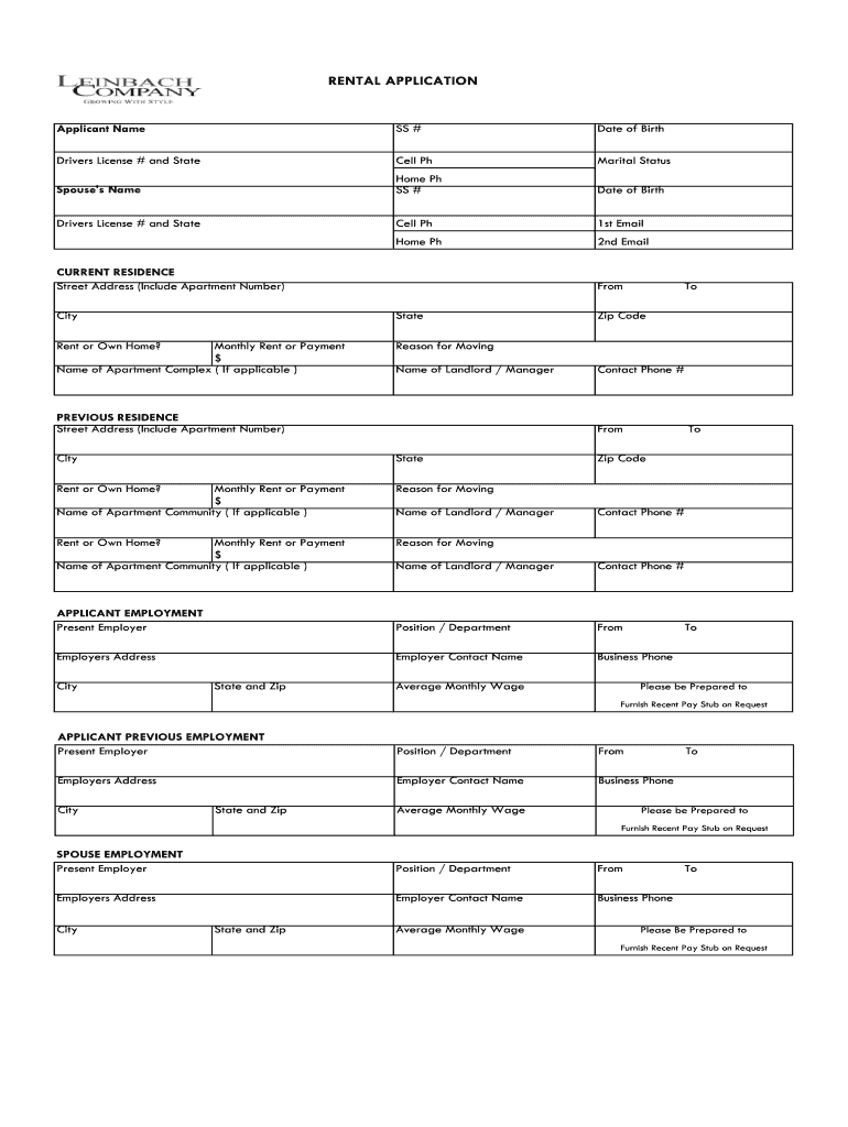 Fillable Online RENTAL APPLICATION Applicant Name SS Date of Birth Drivers License and State
