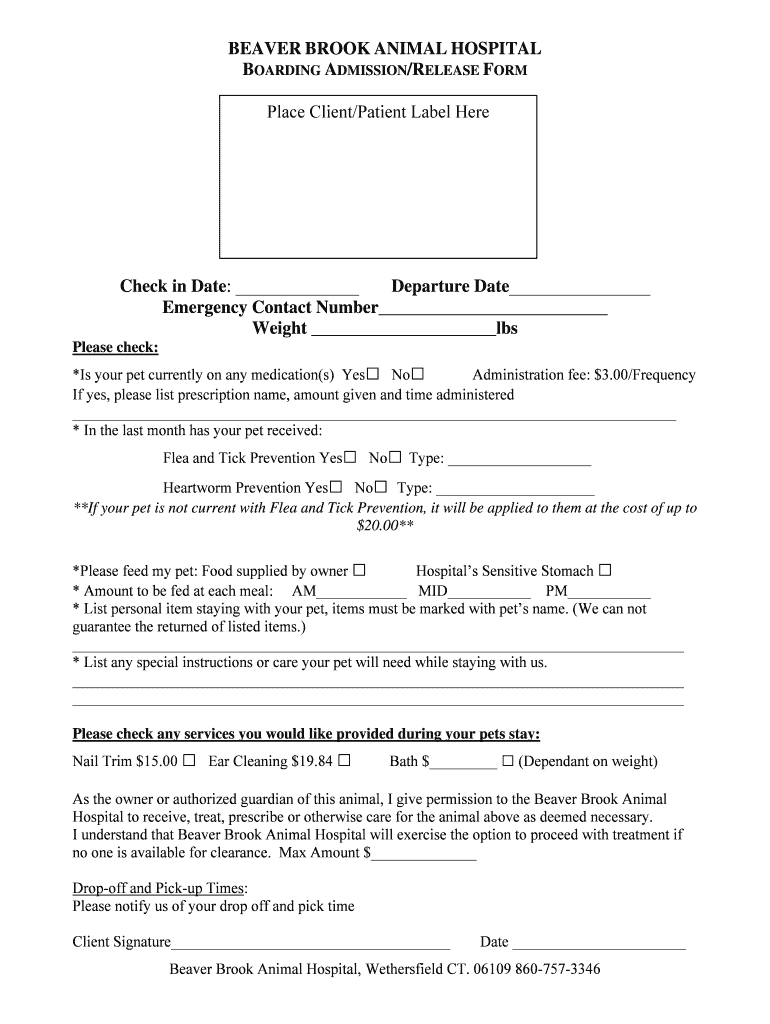 Fillable Online BEAVER BROOK ANIMAL HOSPITAL BOARDING ADMISSIONRELEASE